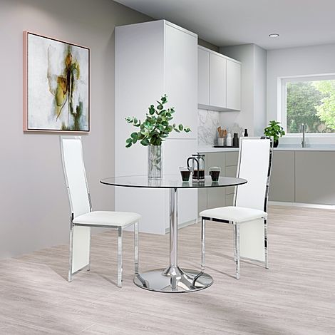 Orbit Round Dining Table & 2 Celeste Chairs, Glass & Chrome, White Classic Faux Leather, 110cm