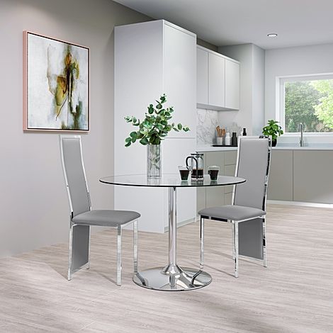 Orbit Round Chrome and Glass Dining Table with 2 Celeste Light Grey Leather Chairs