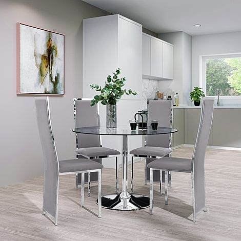Orbit Round Chrome and Glass Dining Table with 4 Celeste Grey Velvet Chairs