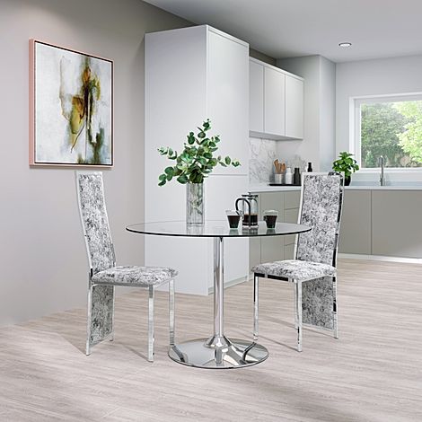 Orbit Round Dining Table & 2 Celeste Chairs, Glass & Chrome, Silver Crushed Velvet, 110cm