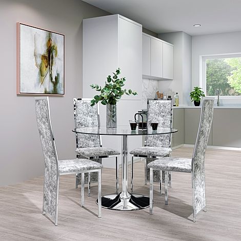 Orbit Round Dining Table & 4 Celeste Chairs, Glass & Chrome, Silver Crushed Velvet, 110cm