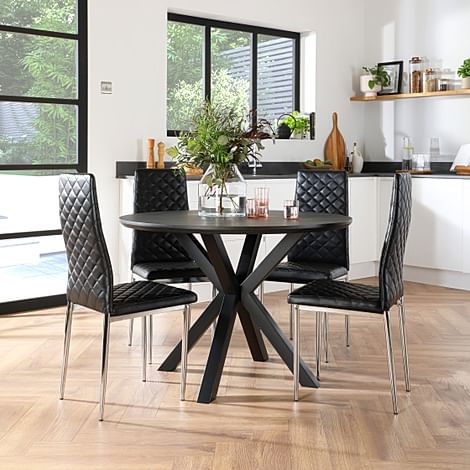 Newark Round Grey Wood Dining Table with 4 Renzo Black Leather Chairs