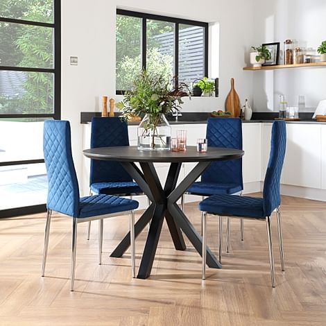 Newark Round Grey Wood Dining Table with 4 Renzo Blue Velvet Chairs