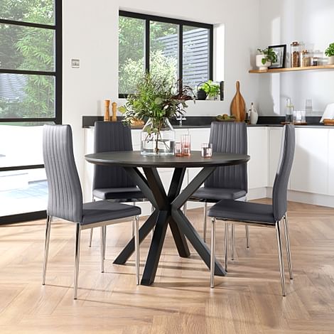 Newark Round Grey Wood Dining Table with 4 Leon Grey Leather Chairs