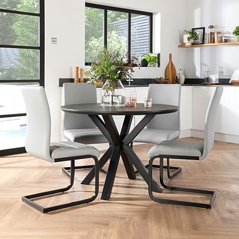 Newark Round Grey Wood Dining Table with 4 Perth Light Grey Leather Chairs (Black Leg)