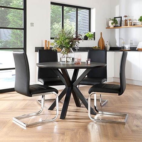 Newark Round Grey Wood Dining Table with 4 Perth Black Leather Chairs