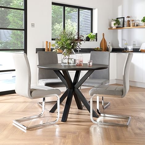 Newark Round Grey Wood Dining Table with 4 Perth Grey Velvet Chairs