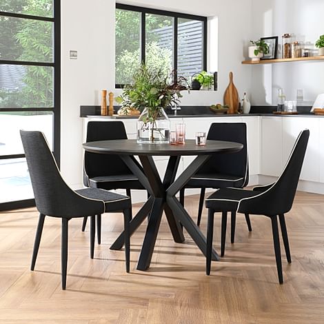 Newark Round Grey Wood Dining Table with 4 Modena Black Fabric Chairs