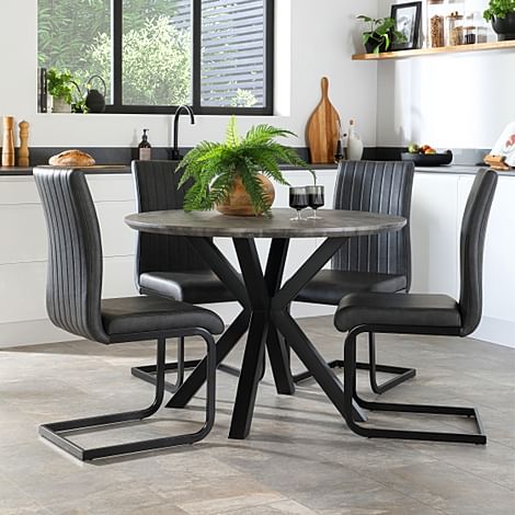 Newark Round Industrial Concrete Dining Table with 4 Perth Vintage Grey Leather Chairs
