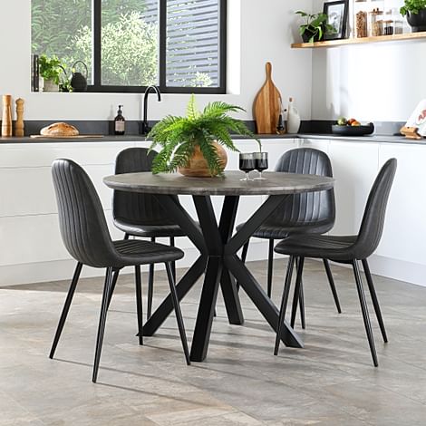 Newark Round Industrial Dining Table & 4 Brooklyn Chairs, Grey Concrete Effect & Black Steel, Vintage Grey Classic Faux Leather, 110cm