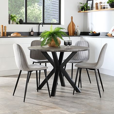 Newark Round Industrial Dining Table & 4 Brooklyn Chairs, Grey Concrete Effect & Black Steel, Grey Classic Velvet, 110cm