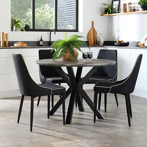 Newark Round Industrial Dining Table & 4 Modena Chairs, Grey Concrete Effect & Black Steel, Black Classic Linen-Weave Fabric, 110cm