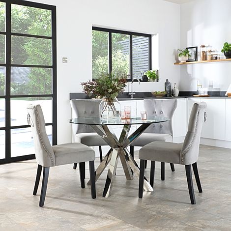 Plaza Round Dining Table & 4 Kensington Chairs, Glass & Chrome, Grey Classic Velvet & Black Solid Hardwood, 110cm
