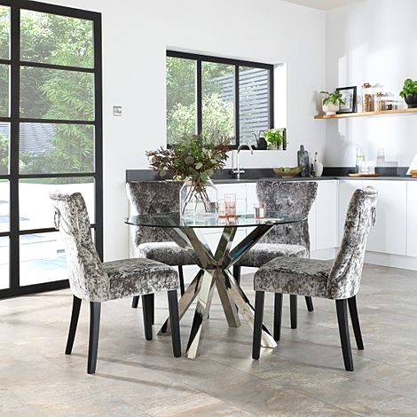 Plaza Round Chrome and Glass Dining Table with 4 Kensington Silver Velvet Chairs