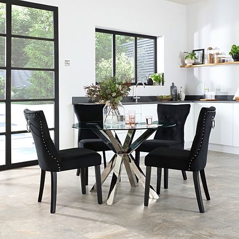 Plaza Round Dining Table & 4 Kensington Chairs, Glass & Chrome, Black Classic Velvet & Black Solid Hardwood, 110cm
