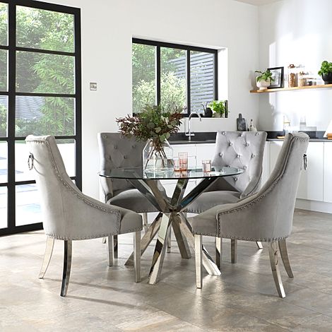 Plaza Round Chrome and Glass Dining Table with 4 Imperial Grey Velvet Button Back Fabric Chairs