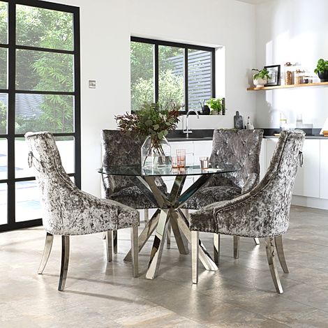 Plaza Round Dining Table & 4 Imperial Chairs, Glass & Chrome, Silver Crushed Velvet, 110cm