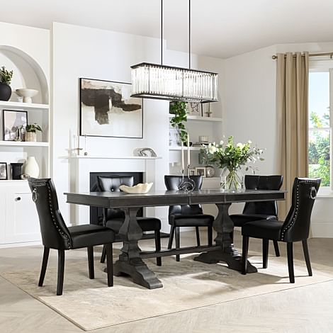 Cavendish Extending Dining Table & 6 Kensington Chairs, Grey Oak Veneer & Solid Hardwood, Black Classic Faux Leather & Black Solid Hardwood, 160-200cm