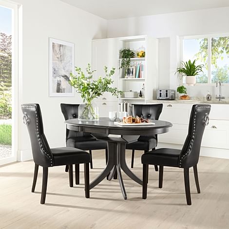 Hudson Round Extending Dining Table & 4 Kensington Chairs, Grey Solid Hardwood, Black Classic Faux Leather & Black Solid Hardwood, 90-120cm