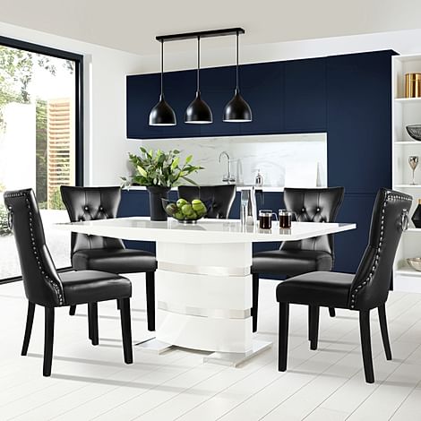 Komoro Dining Table & 4 Kensington Chairs, White High Gloss & Chrome, Black Classic Faux Leather & Black Solid Hardwood, 160cm
