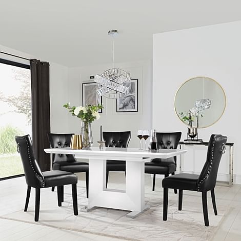 Florence Extending Dining Table & 4 Kensington Chairs, White High Gloss, Black Classic Faux Leather & Black Solid Hardwood, 120-160cm