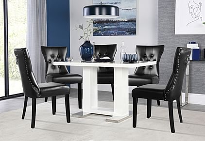Joule Dining Table & 4 Kensington Chairs, White High Gloss, Black Classic Faux Leather & Black Solid Hardwood, 120cm