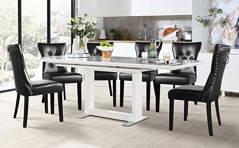 Tokyo Extending Dining Table & 4 Kensington Chairs, White High Gloss, Black Classic Faux Leather & Black Solid Hardwood, 160-220cm