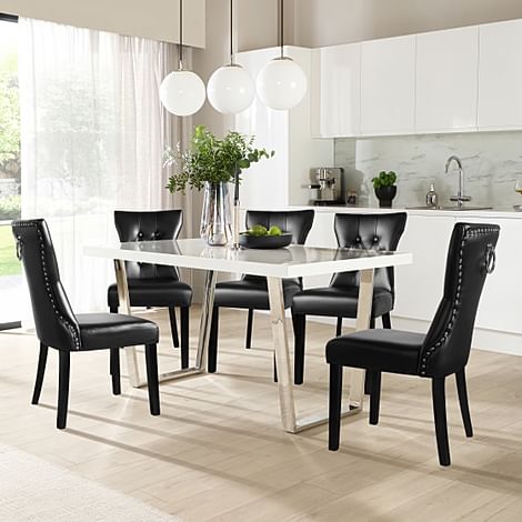 Milento Dining Table & 6 Kensington Chairs, White High Gloss & Chrome, Black Classic Faux Leather & Black Solid Hardwood, 150cm