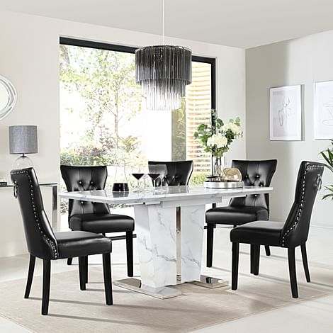 Vienna Extending Dining Table & 4 Kensington Chairs, White Marble Effect, Black Classic Faux Leather & Black Solid Hardwood, 120-160cm
