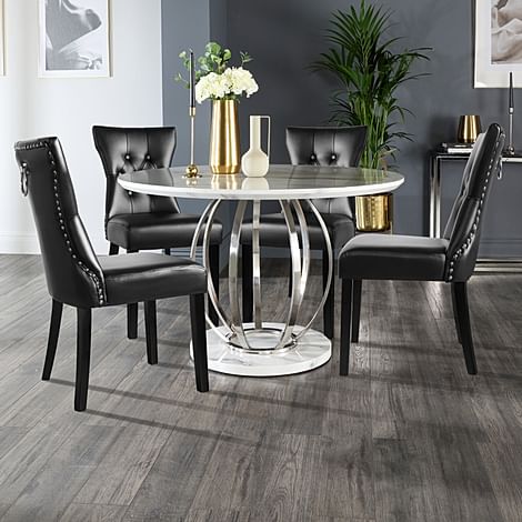 Savoy Round Dining Table & 4 Kensington Chairs, White Marble Effect & Chrome, Black Classic Faux Leather & Black Solid Hardwood, 120cm