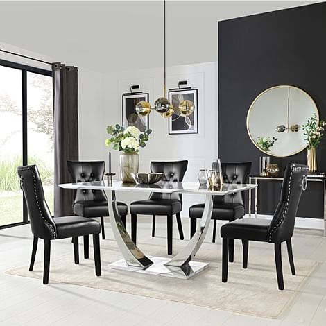 Peake Dining Table & 4 Kensington Chairs, White Marble Effect & Chrome, Black Classic Faux Leather & Black Solid Hardwood, 160cm