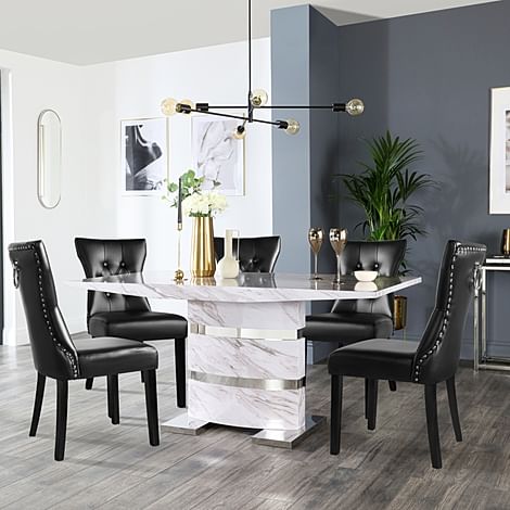 Komoro Dining Table & 6 Kensington Chairs, Grey Marble Effect & Chrome, Black Classic Faux Leather & Black Solid Hardwood, 160cm
