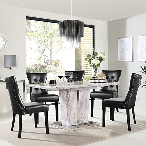 Vienna Extending Dining Table & 4 Kensington Chairs, Grey Marble Effect, Black Classic Faux Leather & Black Solid Hardwood, 120-160cm