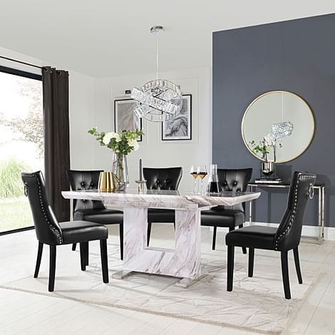 Florence Extending Dining Table & 4 Kensington Chairs, Grey Marble Effect, Black Classic Faux Leather & Black Solid Hardwood, 120-160cm