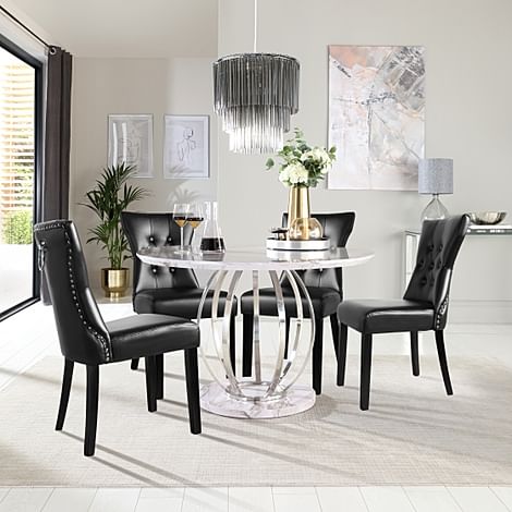 Savoy Round Dining Table & 4 Kensington Chairs, Grey Marble Effect & Chrome, Black Classic Faux Leather & Black Solid Hardwood, 120cm