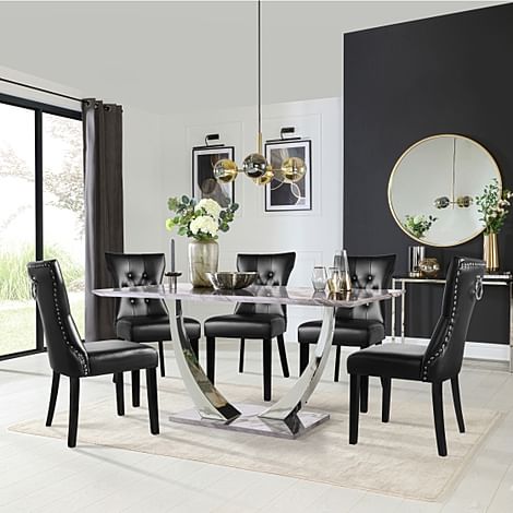 Peake Dining Table & 4 Kensington Chairs, Grey Marble Effect & Chrome, Black Classic Faux Leather & Black Solid Hardwood, 160cm