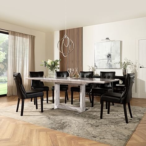 Tokyo Extending Dining Table & 4 Kensington Chairs, Grey Marble Effect, Black Classic Faux Leather & Black Solid Hardwood, 160-220cm