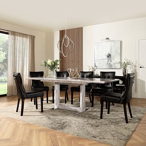 Tokyo Extending Dining Table & 8 Kensington Chairs, Grey Marble Effect, Black Classic Faux Leather & Black Solid Hardwood, 160-220cm