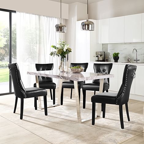 Milento Dining Table & 6 Kensington Chairs, Grey Marble Effect & Chrome, Black Classic Faux Leather & Black Solid Hardwood, 150cm