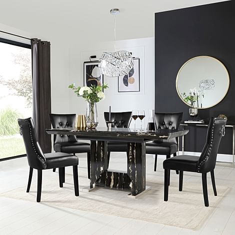 Florence Extending Dining Table & 4 Kensington Chairs, Black Marble Effect, Black Classic Faux Leather & Black Solid Hardwood, 120-160cm
