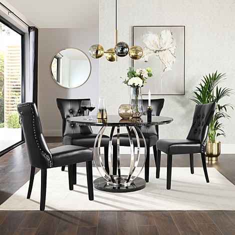 Savoy Round Dining Table & 4 Kensington Chairs, Black Marble Effect & Chrome, Black Classic Faux Leather & Black Solid Hardwood, 120cm