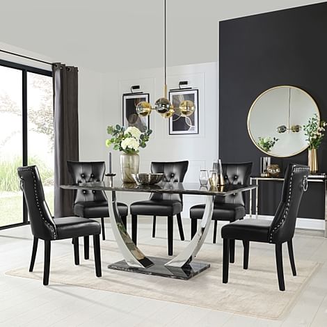 Peake Dining Table & 4 Kensington Chairs, Black Marble Effect & Chrome, Black Classic Faux Leather & Black Solid Hardwood, 160cm