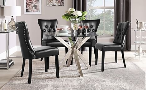 Plaza Round Dining Table & 4 Kensington Chairs, Glass & Chrome, Black Classic Faux Leather & Black Solid Hardwood, 110cm