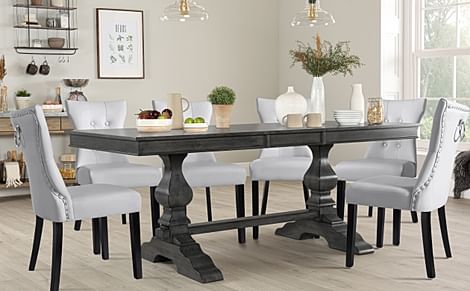 Cavendish Extending Dining Table & 6 Kensington Chairs, Grey Oak Veneer & Solid Hardwood, Light Grey Classic Faux Leather & Black Solid Hardwood, 160-200cm