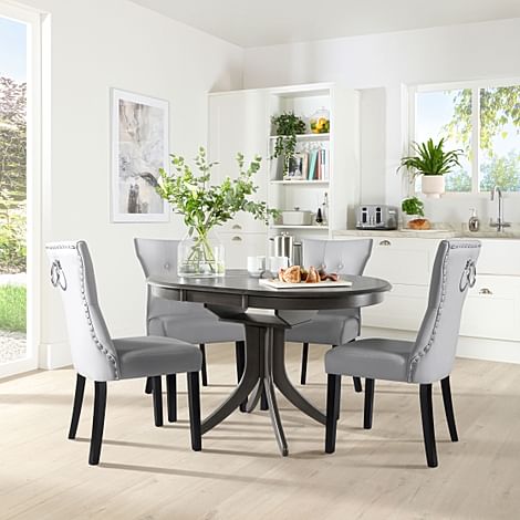 Hudson Round Extending Dining Table & 4 Kensington Chairs, Grey Solid Hardwood, Light Grey Classic Faux Leather & Black Solid Hardwood, 90-120cm