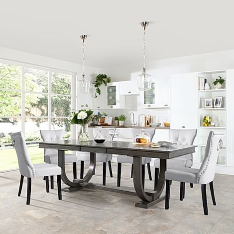 Pavilion Extending Dining Table & 4 Kensington Chairs, Grey Oak Veneer & Solid Hardwood, Light Grey Classic Faux Leather & Black Solid Hardwood, 180-225cm