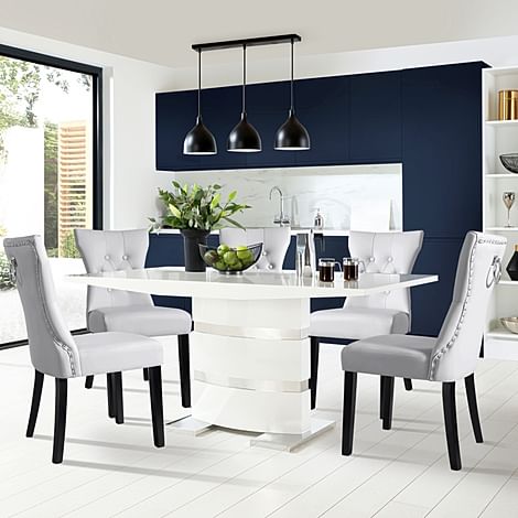 Komoro Dining Table & 6 Kensington Chairs, White High Gloss & Chrome, Light Grey Classic Faux Leather & Black Solid Hardwood, 160cm