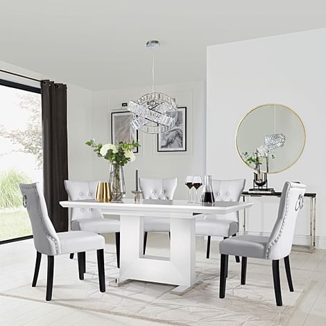 Florence Extending Dining Table & 4 Kensington Chairs, White High Gloss, Light Grey Classic Faux Leather & Black Solid Hardwood, 120-160cm