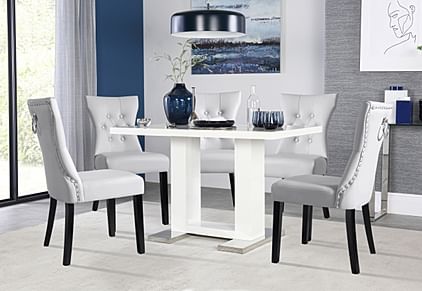 Joule Dining Table & 4 Kensington Chairs, White High Gloss, Light Grey Classic Faux Leather & Black Solid Hardwood, 120cm