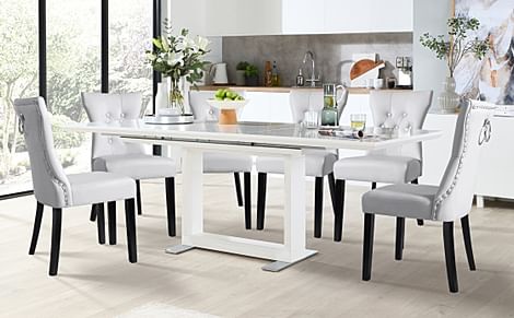 Tokyo Extending Dining Table & 4 Kensington Chairs, White High Gloss, Light Grey Classic Faux Leather & Black Solid Hardwood, 160-220cm